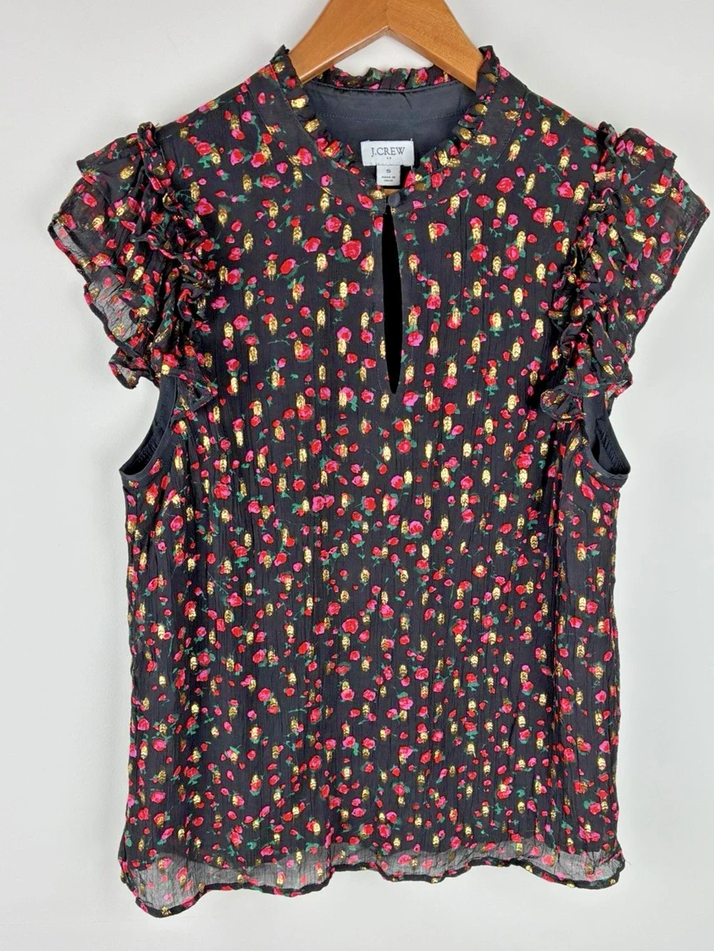 J.Crew Women’s Small Black Floral Metallic Gold Ruffle Sleeve Blouse Feminine